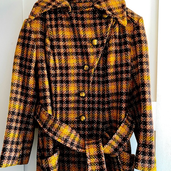 Price firm 70s VINTAGE Wool plaid tweed wide lapel belted trench pea tailored - Picture 3 of 14